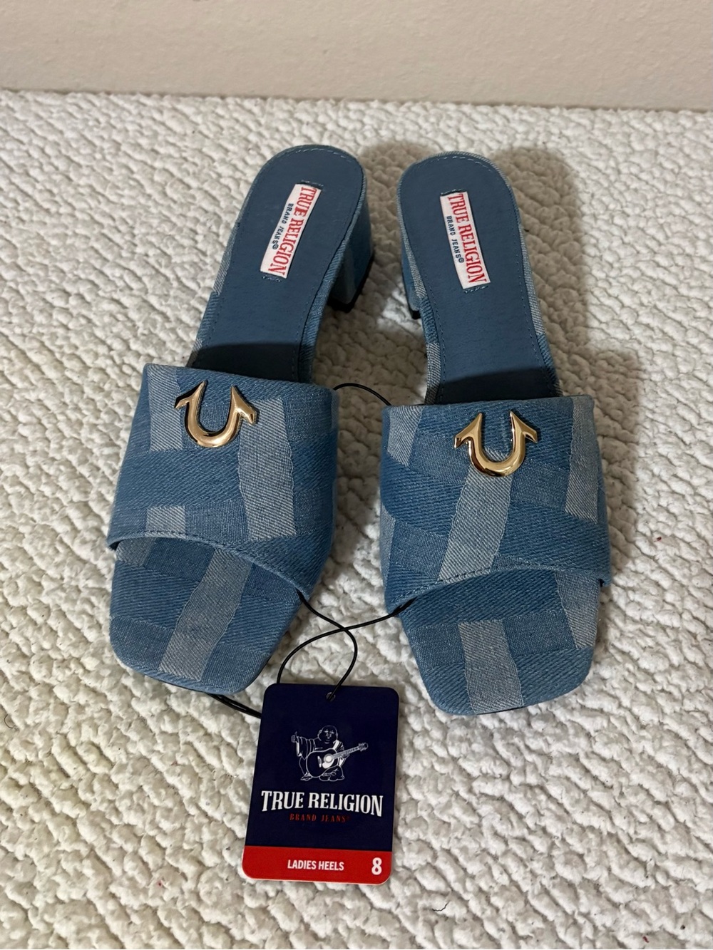 True Religion Women's Blue Denim Block Heel Sandals